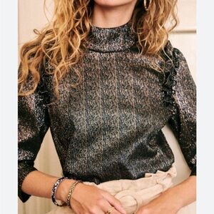 Sezane Jackie Blue Glitter Blouse Sz 36 Medium Mock‎ Neck top shirt ruffle